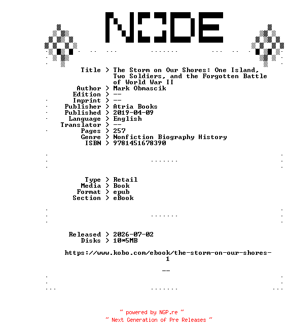 NFO for the release Mark.Obmascik.The.Storm.on.Our.Shores.One.Island.Two.Soldiers.and.the.Forgotten.Battle.of.World.War.II.2019.RETAiL.EPUB.eBook-NODE by NODE