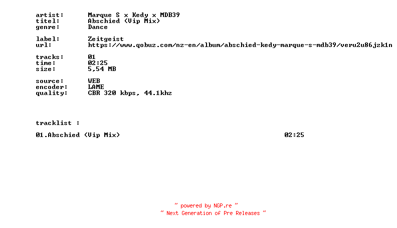 NFO for the release Marque_S_X_Kedy_X_MDB39_-_Abschied_(Vip_Mix)-SINGLE-WEB-2026-BITCOINS by BITCOINS