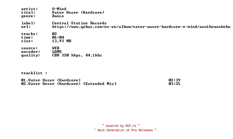 NFO for the release O-Mind_-_Vater_Unser_(Hardcore)-WEB-2026-BITCOINS by BITCOINS