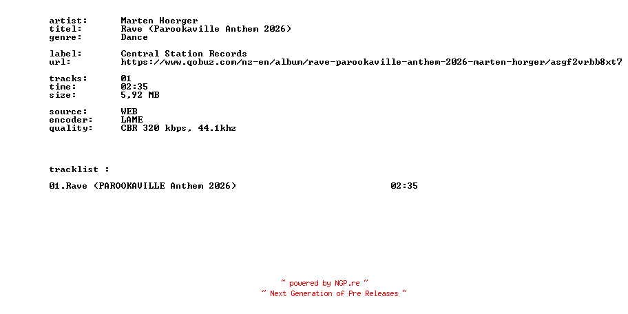 NFO for the release Marten_Hoerger_-_Rave_(Parookaville_Anthem_2026)-SINGLE-WEB-2026-BITCOINS by BITCOINS