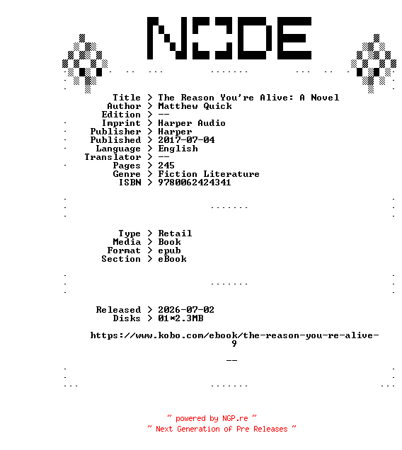 NFO for the release Matthew.Quick.The.Reason.Youre.Alive.A.Novel.2017.RETAiL.EPUB.eBook-NODE by NODE