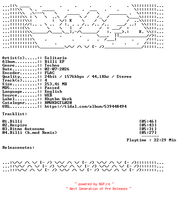 NFO for the release Solitario-Billi_EP-RMWKDGTL020-24BIT-WEB-FLAC-2026-WAVED by WAVED
