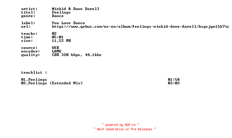 NFO for the release Ninkid_And_Dave_Darell_-_Feelings-WEB-2026-BITCOINS by BITCOINS