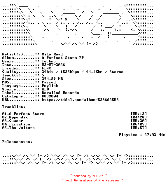 NFO for the release Milo_Raad-A_Perfect_Storm_EP-DVVS004-24BIT-WEB-FLAC-2026-WAVED by WAVED