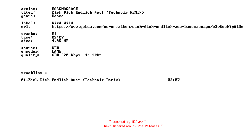 NFO for the release BASSMASSAGE_-_Zieh_Dich_Endlich_Aus_(Technoir_REMIX)-SINGLE-WEB-DE-2026-BITCOINS by BITCOINS