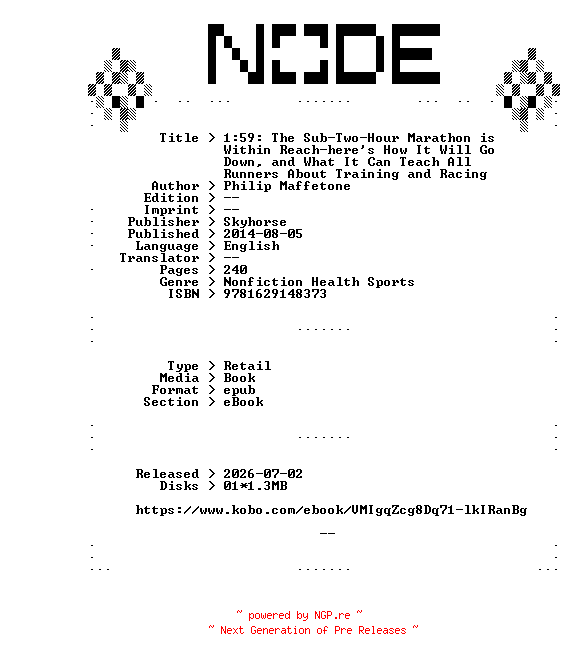 NFO for the release Philip.Maffetone.1-59.The.Sub-Two-Hour.Marathon.is.Within.Reach-heres.How.It.Will.Go.Down.and.What.It.Can.Teach.All.Runners.About.Training.and.Racing.2014.RETAiL.EPUB.eBook-NODE by NODE