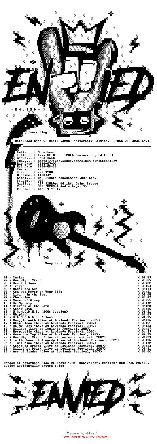 NFO for the release Motorhead-Kiss_Of_Death_(20th_Anniversary_Edition)-REPACK-WEB-2026-ENViED by ENViED