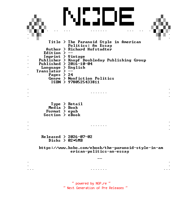 NFO for the release Richard.Hofstadter.The.Paranoid.Style.in.American.Politics.An.Essay.2016.RETAiL.EPUB.eBook-NODE by NODE