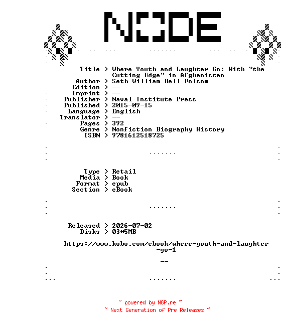 NFO for the release Seth.William.Bell.Folsom.Where.Youth.and.Laughter.Go.With.the.Cutting.Edge.in.Afghanistan.2015.RETAiL.EPUB.eBook-NODE by NODE
