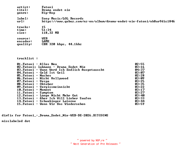 NFO for the release Fatoni_-_Drama_Endet_Nie-DIRFIX-WEB-DE-2026-BITCOINS by BITCOINS
