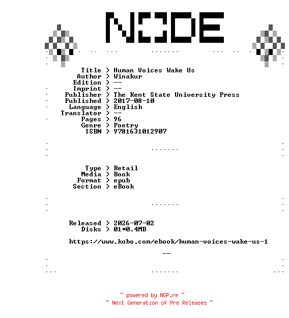 NFO for the release The.Kent.State.University.Press.Human.Voices.Wake.Us.2017.RETAiL.EPUB.eBook-NODE by NODE