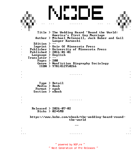 NFO for the release University.of.Minnesota.Press.The.Wedding.Heard.Round.the.World.Americas.First.Gay.Marriage.2016.RETAiL.EPUB.eBook-NODE by NODE