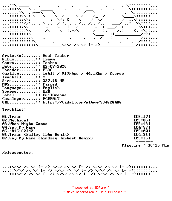 NFO for the release Noah_Tauber-Traum-EGEP017-16BIT-WEB-FLAC-2026-WAVED by WAVED