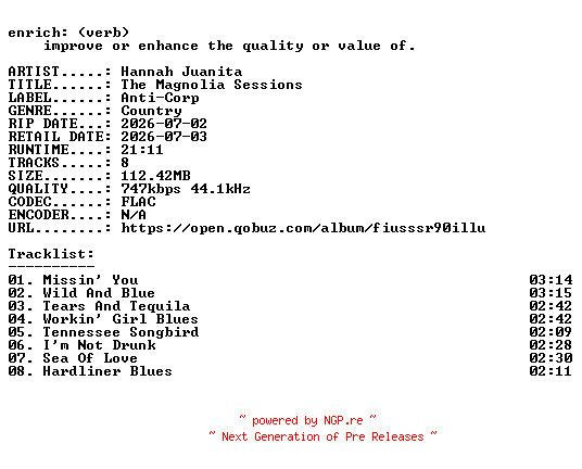 NFO for the release Hannah_Juanita-The_Magnolia_Sessions-16BIT-WEB-FLAC-2026-ENRiCH by ENRiCH