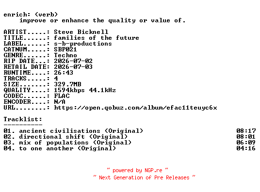 NFO for the release Steve_Bicknell-families_of_the_future-(SBP021)-24BIT-WEB-FLAC-2026-ENRiCH by ENRiCH