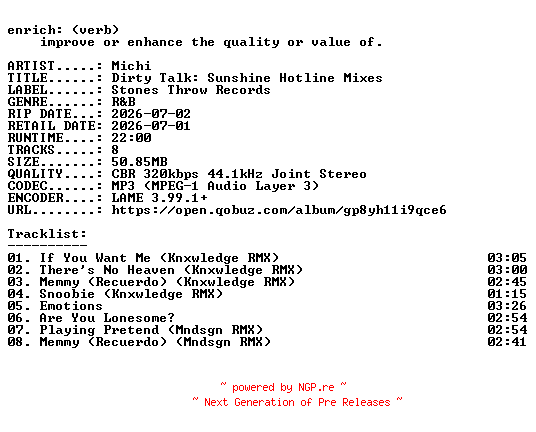 NFO for the release Michi-Dirty_Talk_Sunshine_Hotline_Mixes-WEB-2026-ENRiCH by ENRiCH