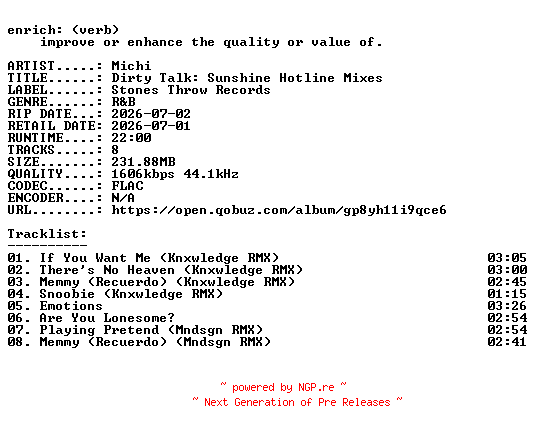 NFO for the release Michi-Dirty_Talk_Sunshine_Hotline_Mixes-24BIT-WEB-FLAC-2026-ENRiCH by ENRiCH