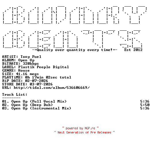 NFO for the release Tony_Fuel-Open_Up-(PPD355)-WEB-2026-BB by BB