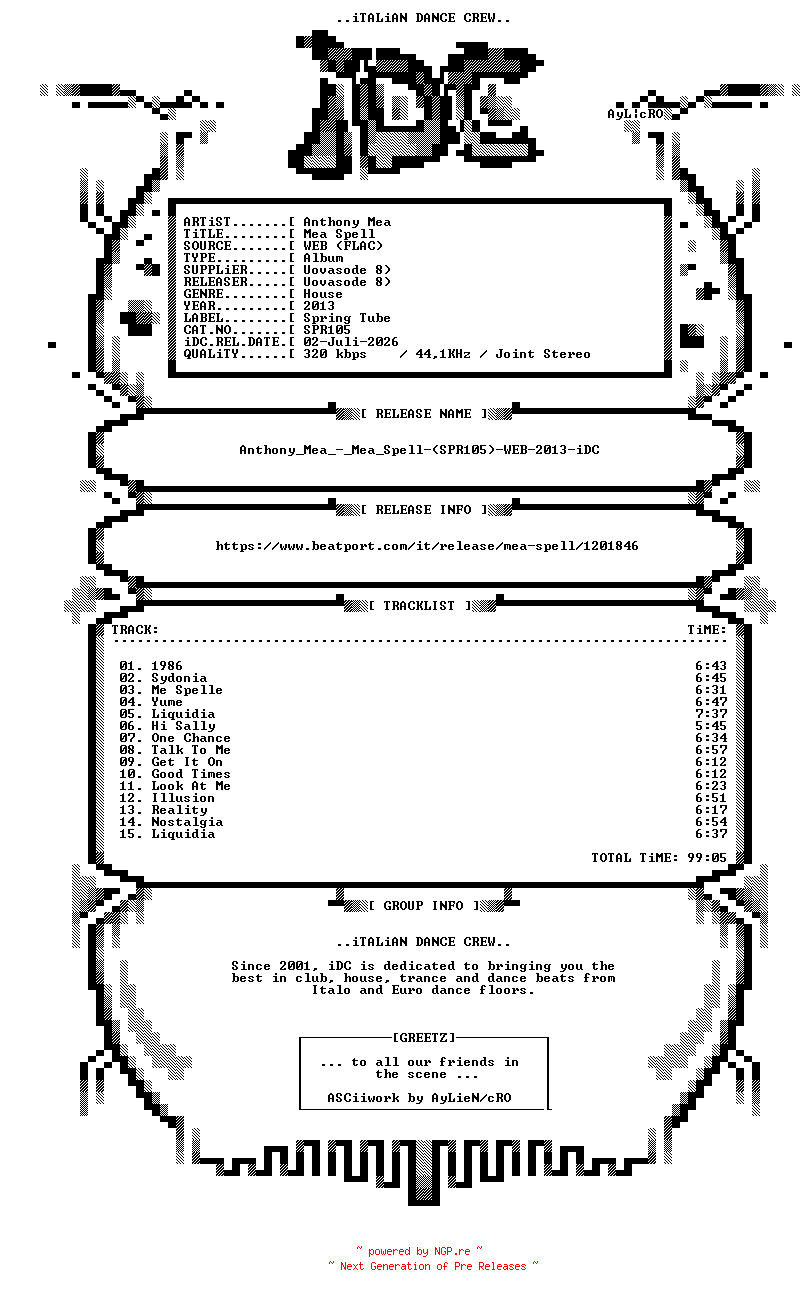 NFO for the release Anthony_Mea_-_Mea_Spell-(SPR105)-WEB-2013-iDC by iDC