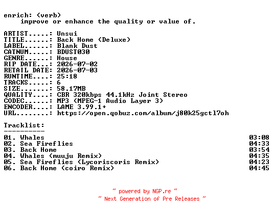 NFO for the release Unsui-Back_Home_(Deluxe)-(BDUST030)-WEB-2026-ENRiCH by ENRiCH