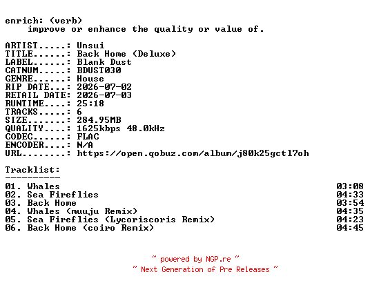 NFO for the release Unsui-Back_Home_(Deluxe)-(BDUST030)-24BIT-WEB-FLAC-2026-ENRiCH by ENRiCH