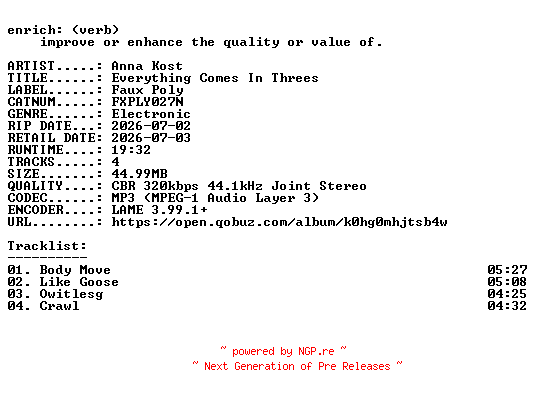 NFO for the release Anna_Kost-Everything_Comes_In_Threes-(FXPLY027N)-WEB-2026-ENRiCH by ENRiCH