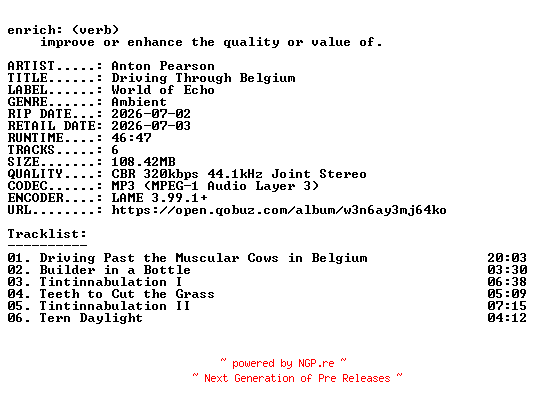 NFO for the release Anton_Pearson-Driving_Through_Belgium-WEB-2026-ENRiCH by ENRiCH