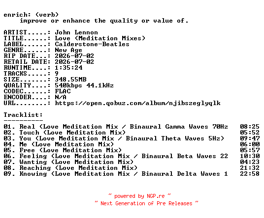 NFO for the release John_Lennon-Love_(Meditation_Mixes)-16BIT-WEB-FLAC-2026-ENRiCH by ENRiCH
