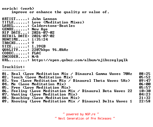 NFO for the release John_Lennon-Love_(Meditation_Mixes)-24BIT-WEB-FLAC-2026-ENRiCH by ENRiCH