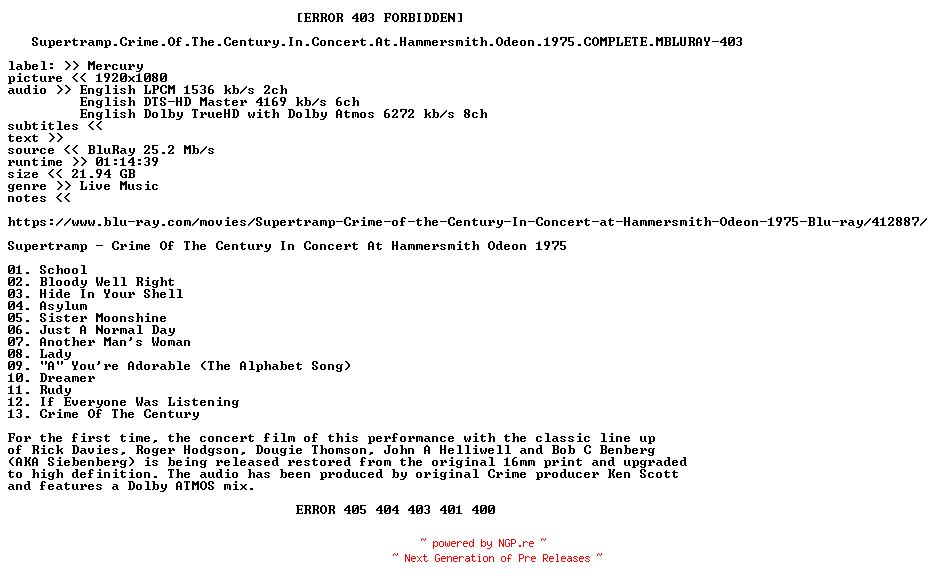 NFO for the release Supertramp.Crime.Of.The.Century.In.Concert.At.Hammersmith.Odeon.1975.COMPLETE.MBLURAY-403 by 403