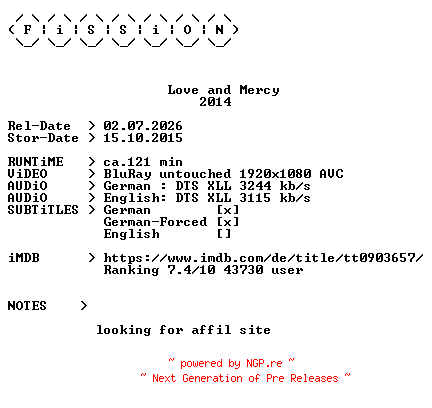 NFO for the release Love.and.Mercy.2014.German.DL.1080p.BluRay.AVC-FiSSiON by FiSSiON