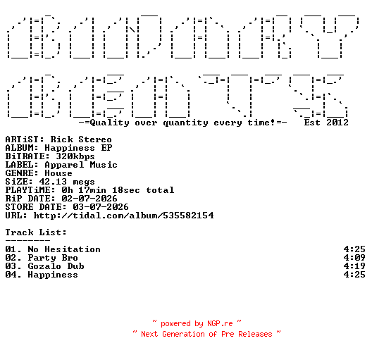 NFO for the release Rick_Stereo-Happiness_EP-(APDEXTRA067)-WEB-2026-BB by BB