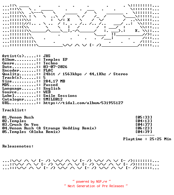 NFO for the release JKS-Temples_EP-SMILE012-24BIT-WEB-FLAC-2026-WAVED by WAVED