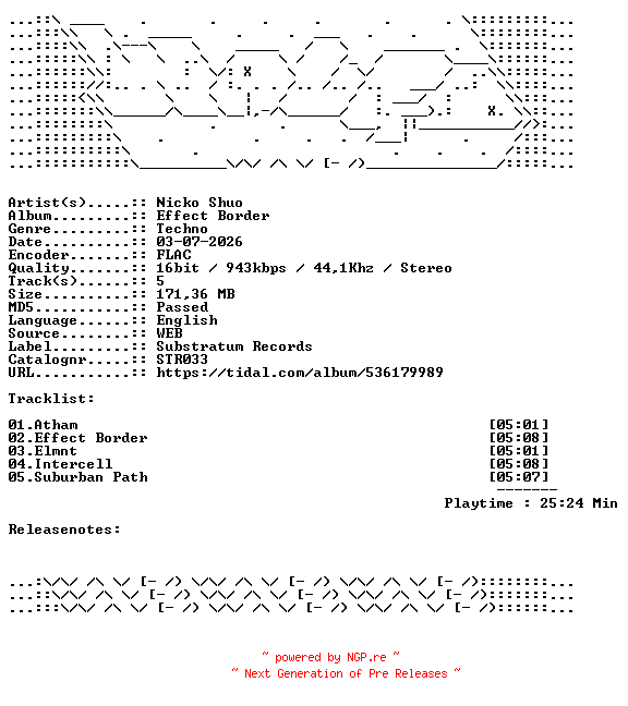 NFO for the release Nicko_Shuo-Effect_Border-STR033-16BIT-WEB-FLAC-2026-WAVED by WAVED