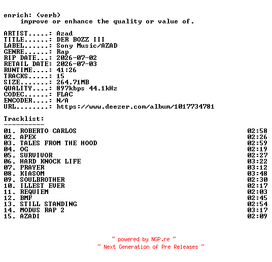 NFO for the release Azad-DER_BOZZ_III-DE-16BIT-WEB-FLAC-2026-ENRiCH by ENRiCH