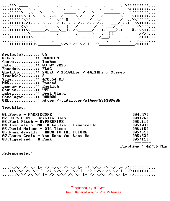 NFO for the release VA-REUNION-DRV008-24BIT-WEB-FLAC-2026-WAVED by WAVED