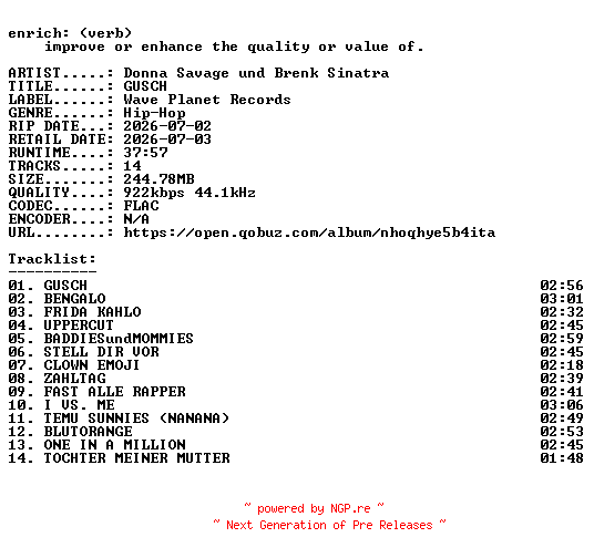 NFO for the release Donna_Savage_und_Brenk_Sinatra-GUSCH-DE-16BIT-WEB-FLAC-2026-ENRiCH by ENRiCH