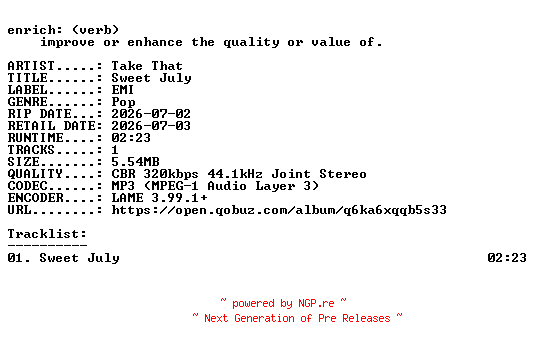 NFO for the release Take_That-Sweet_July-SINGLE-WEB-2026-ENRiCH by ENRiCH