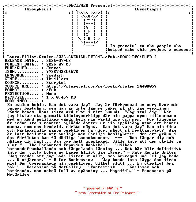 NFO for the release Laura.Elliot.Stulen.2026.SWEDiSH.RETAiL.ePub.eBOOK-DECiPHER by DECiPHER