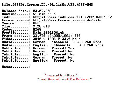 NFO for the release Silo.S03E01.German.DL.HDR.2160p.WEB.h265-W4K by W4K