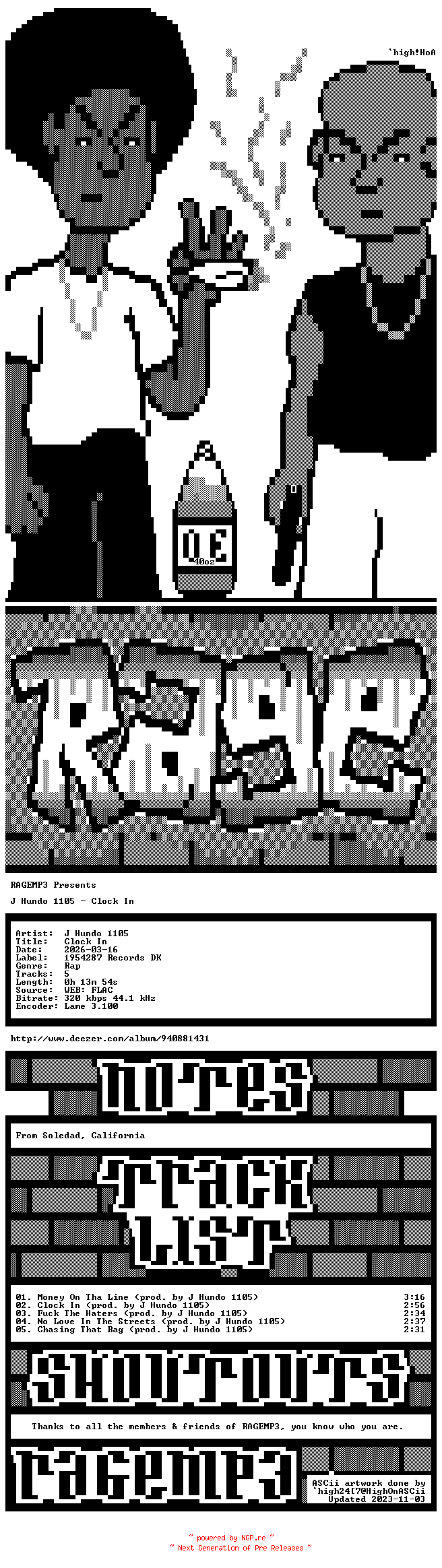 NFO for the release J_Hundo_1105-Clock_In-EP-WEB-2026-RAGEMP3 by RAGEMP3