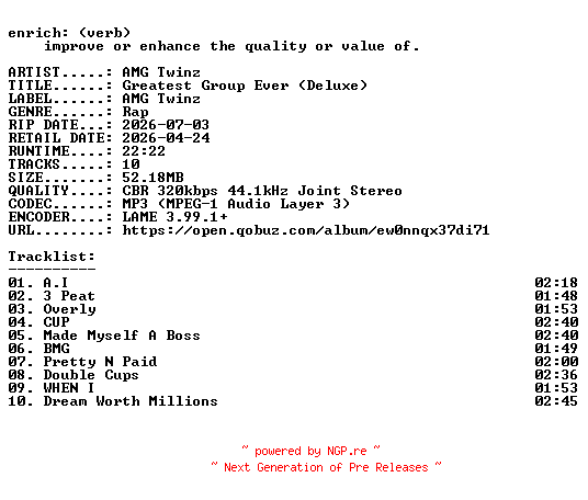 NFO for the release AMG_Twinz-Greatest_Group_Ever_(Deluxe)-WEB-2026-ENRiCH by ENRiCH