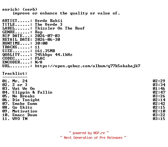 NFO for the release Verde_Babii-The_Verde_3-16BIT-WEB-FLAC-2026-ENRiCH by ENRiCH
