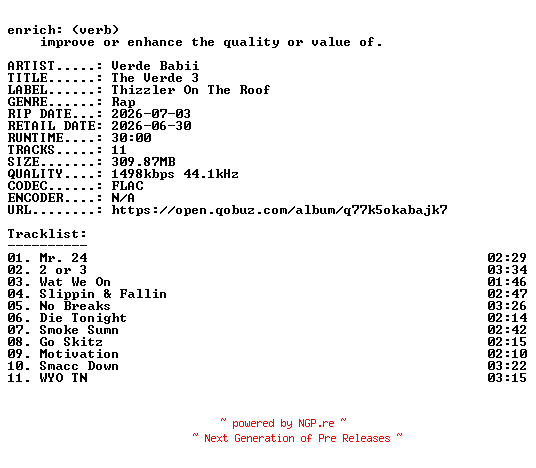NFO for the release Verde_Babii-The_Verde_3-24BIT-WEB-FLAC-2026-ENRiCH by ENRiCH