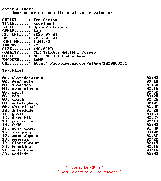 NFO for the release Ken_Carson-xperiment-WEB-2026-ENRiCH by ENRiCH