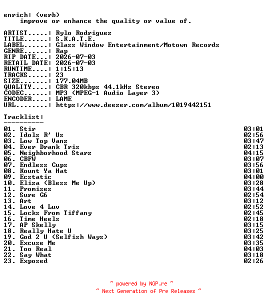NFO for the release Rylo_Rodriguez-S.K.A.T.E.-WEB-2026-ENRiCH by ENRiCH