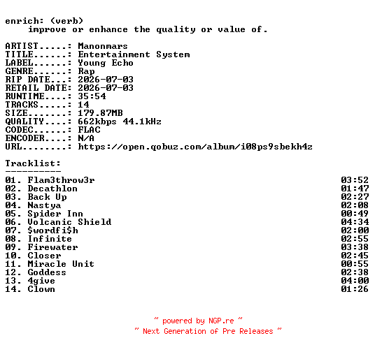 NFO for the release Manonmars-Entertainment_System-16BIT-WEB-FLAC-2026-ENRiCH by ENRiCH