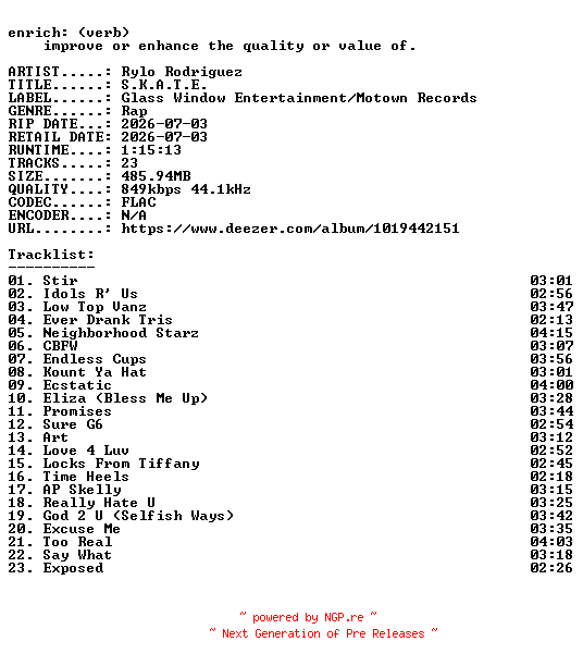 NFO for the release Rylo_Rodriguez-S.K.A.T.E.-16BIT-WEB-FLAC-2026-ENRiCH by ENRiCH