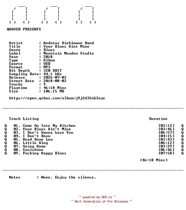 NFO for the release Andreas_Diehlmann_Band-Your_Blues_Aint_Mine-WEB-2018-QUAVER by QUAVER