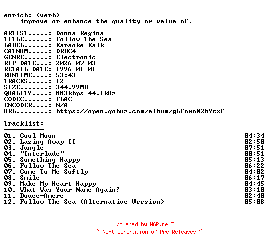 NFO for the release Donna_Regina-Follow_The_Sea-(DRBC4)-16BIT-WEB-FLAC-2026-ENRiCH by ENRiCH